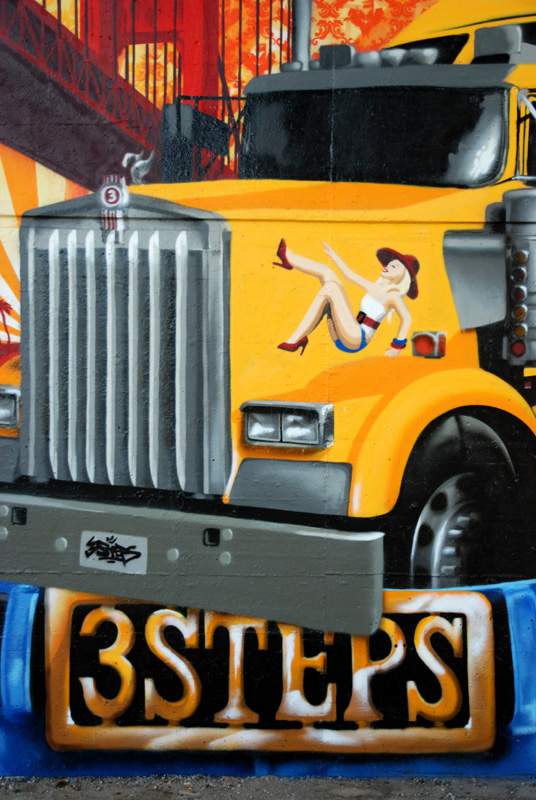 A homage to the golden state, each of both up 6 m high. In early Graffiti days Jeansjackets with a “backpiece” were very common. We choose a part of the USA flag with the other colors, filled with “Bubble Styles”.