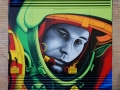 SiveOne and Mr. Flash painted on the subject of technology, research and science a pop art portrait of Juri Gagarin during 11.11.2011. Gagarin was the first cosmonaut of the humanity. He has circuited the earth in space fifty years ago. The graffiti art of 3Steps is to be found on a building at the THM university campus in Giessen.